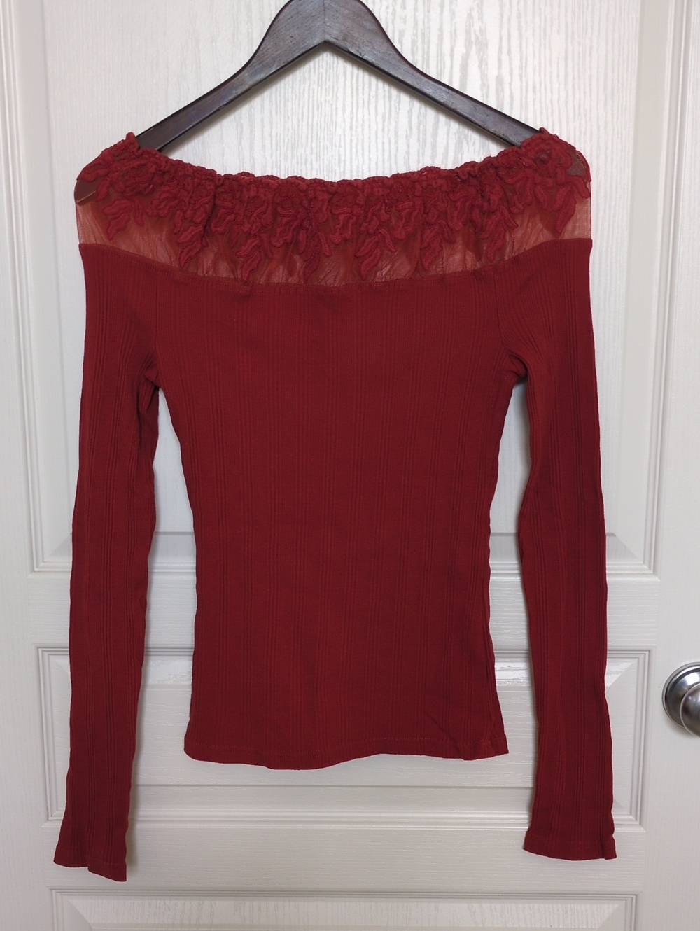 Free People Boatneck Rust Ribbed Top with Lace Yoke